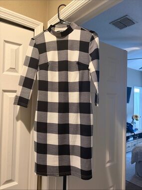 SHEIN Black & White Buffalo Check Long Sleeve High-Neck Dress
